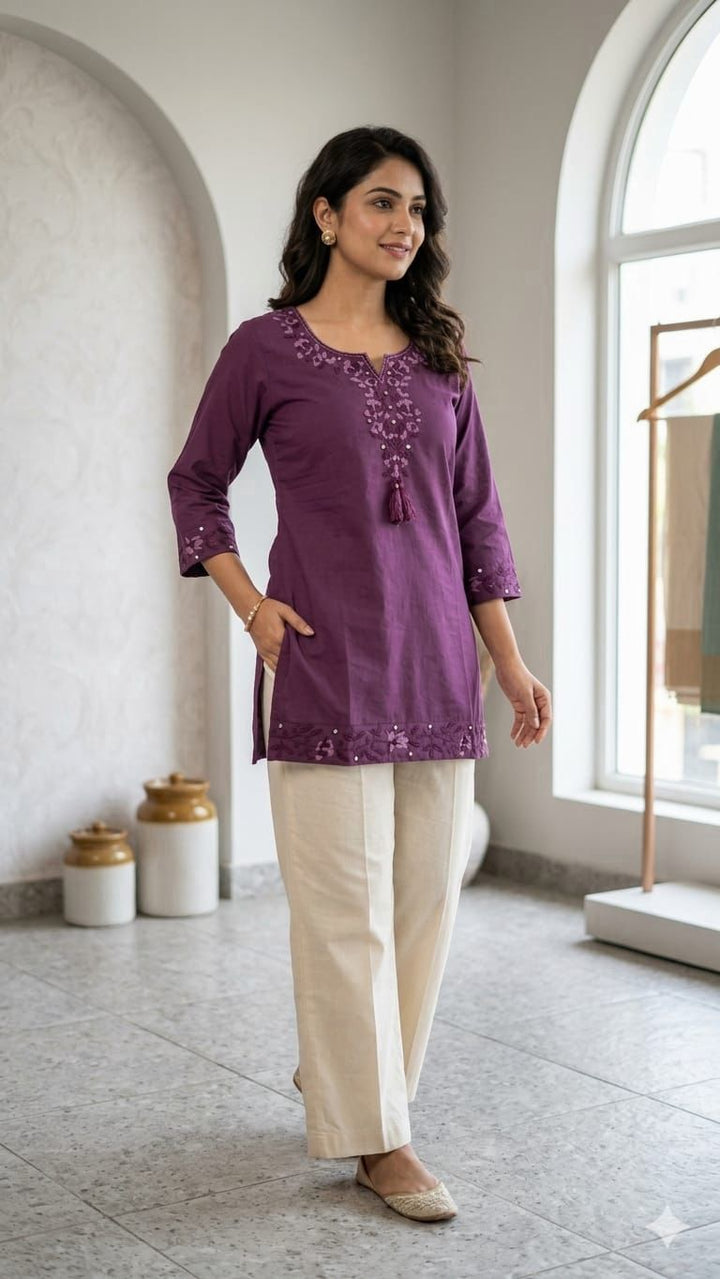 Amethyst Bloom Embroidered Cotton Short Kurti