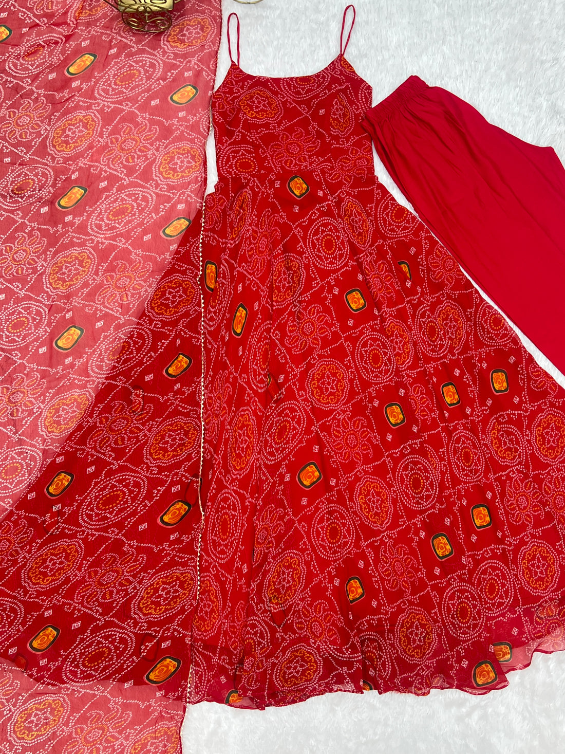 Bandhani Printed Chiffon Anarkali Gown With Dupatta Stitched