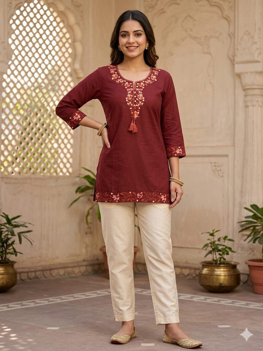 Crimson Blossom Embroidered Cotton Short Kurti