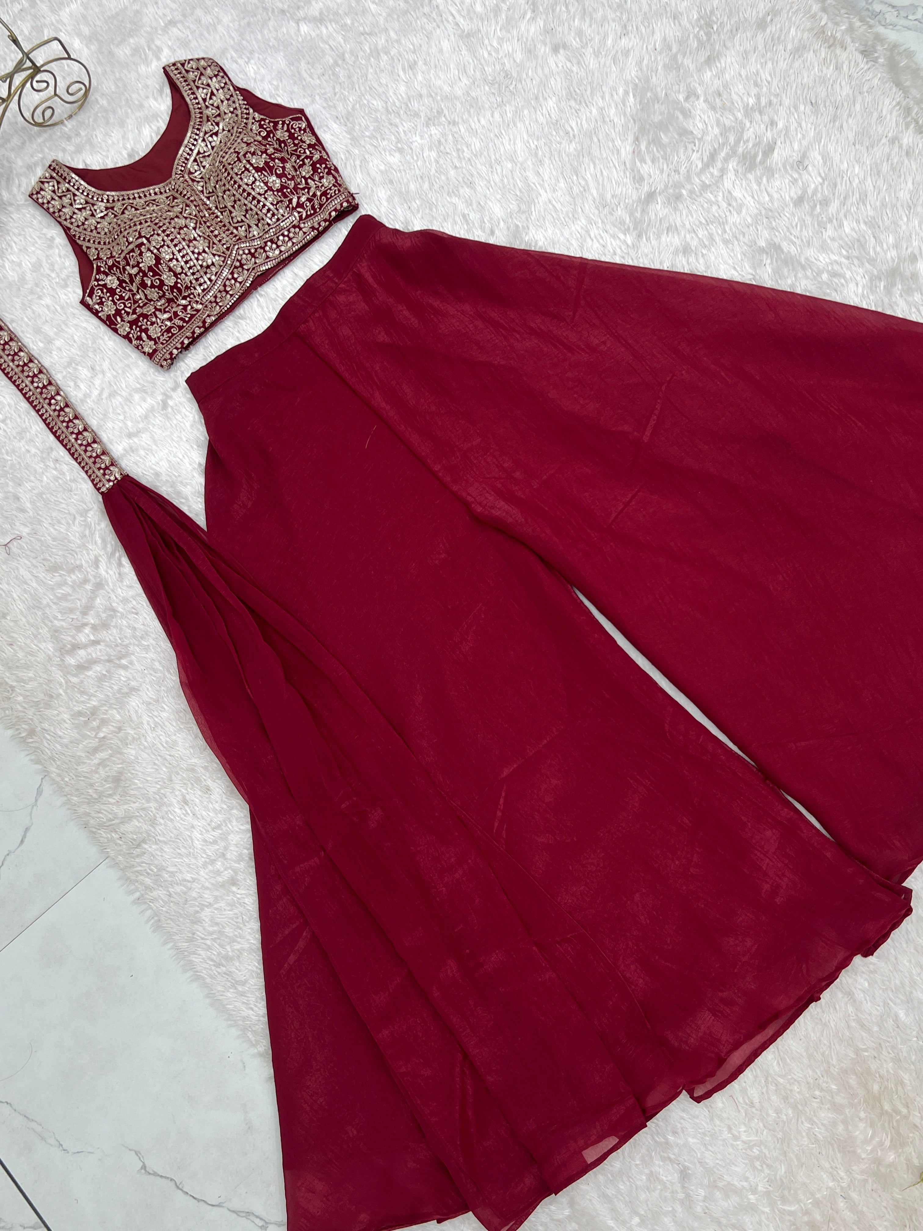 Maroon Crunchy Silk Blend Indo Western Crop Top Palazzo Set With Neck Dupatta Stitched