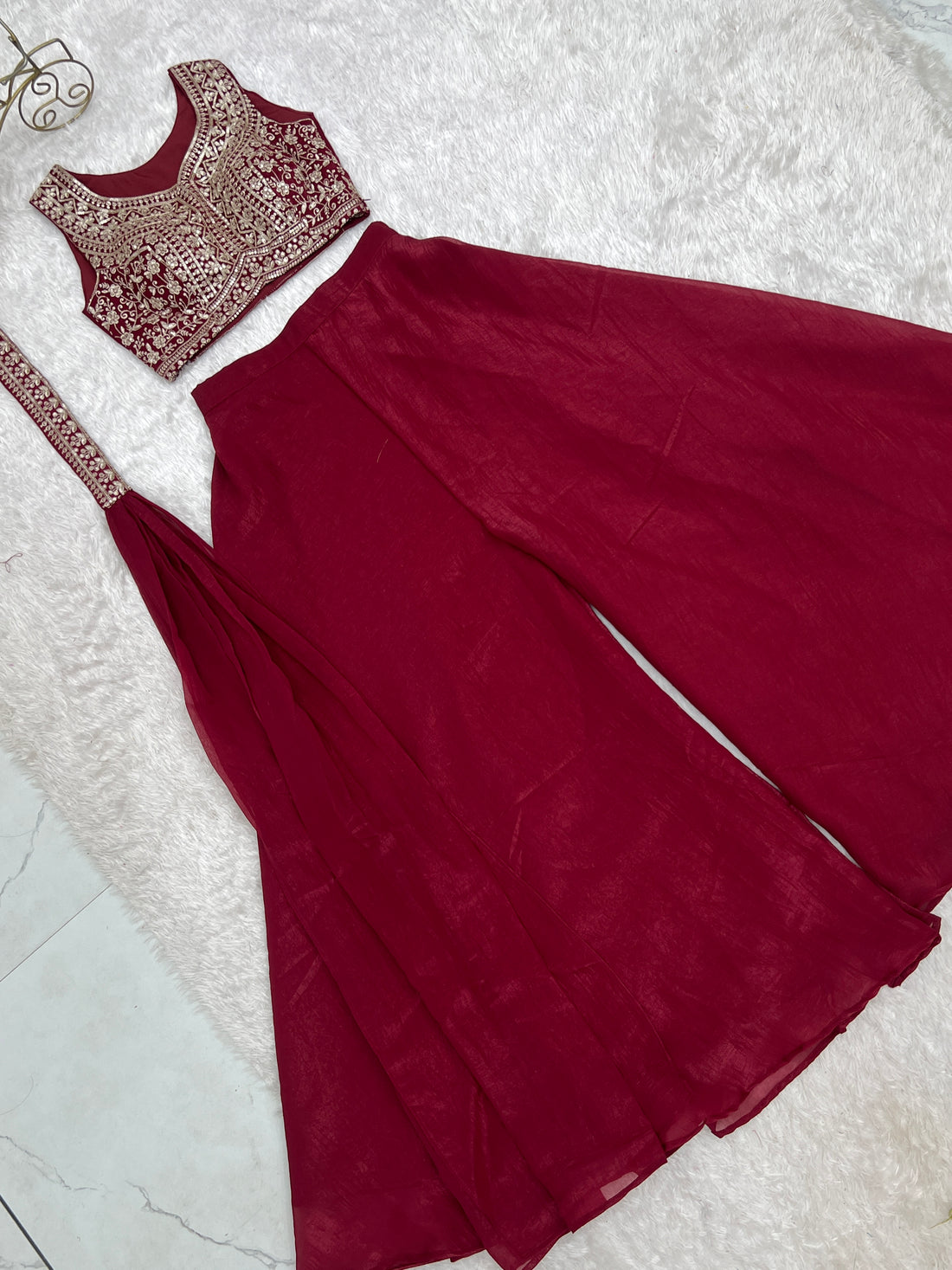 Maroon Crunchy Silk Blend Indo Western Crop Top Palazzo Set With Neck Dupatta Stitched