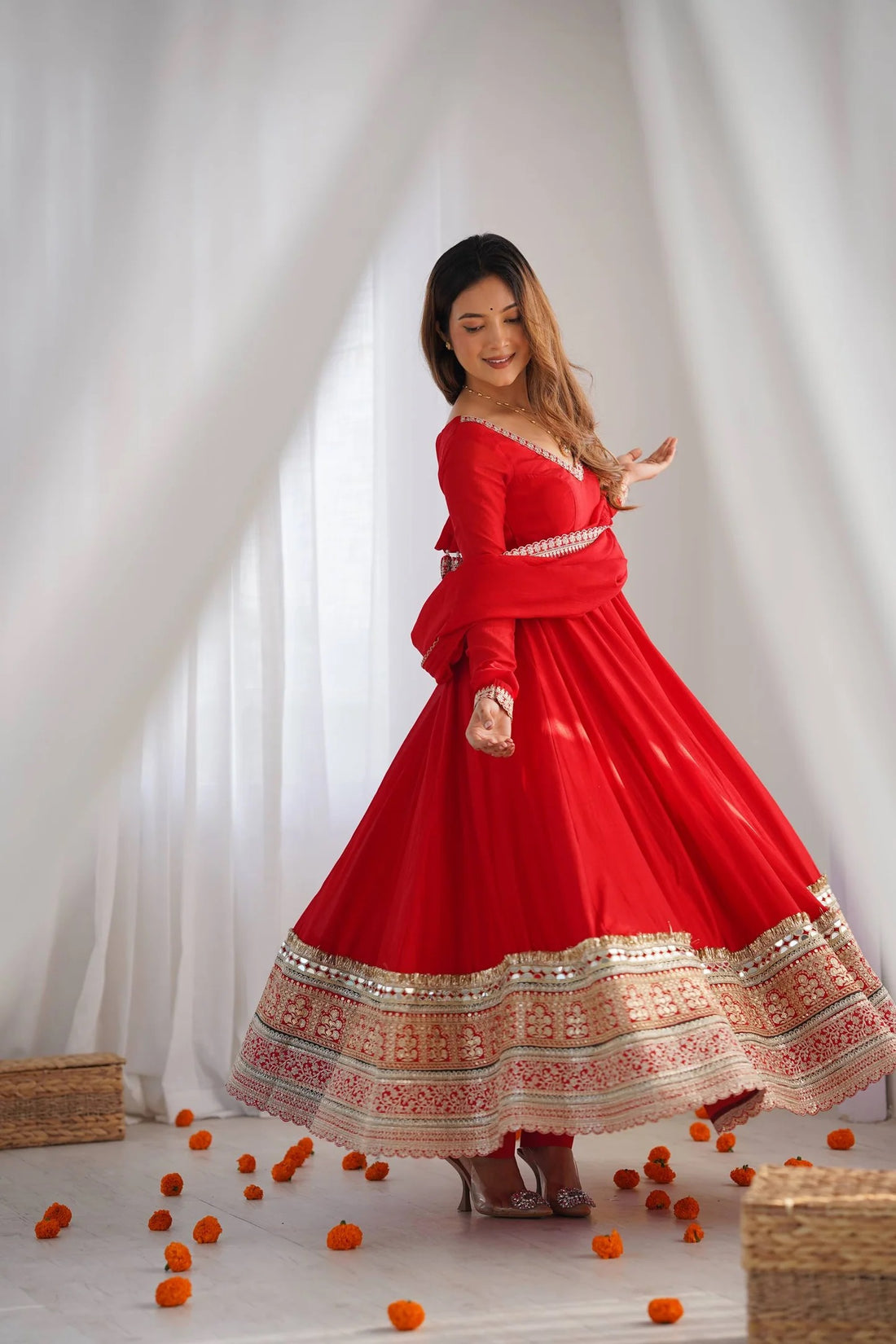 High End Premium Quality Pure Blooming Vichitra Silk Fabric Fully Flare Suit with Duppata