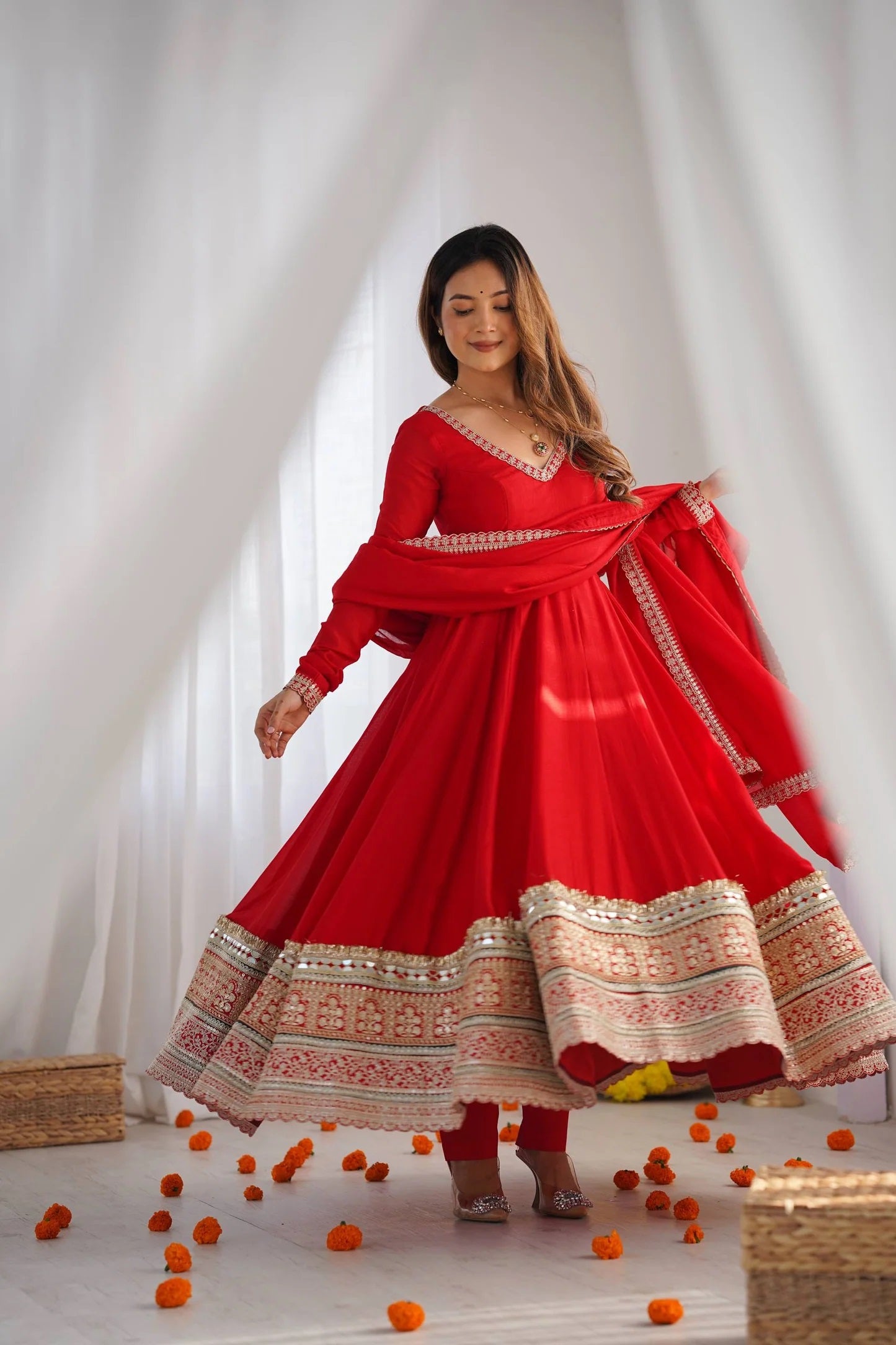High End Premium Quality Pure Blooming Vichitra Silk Fabric Fully Flare Suit with Duppata