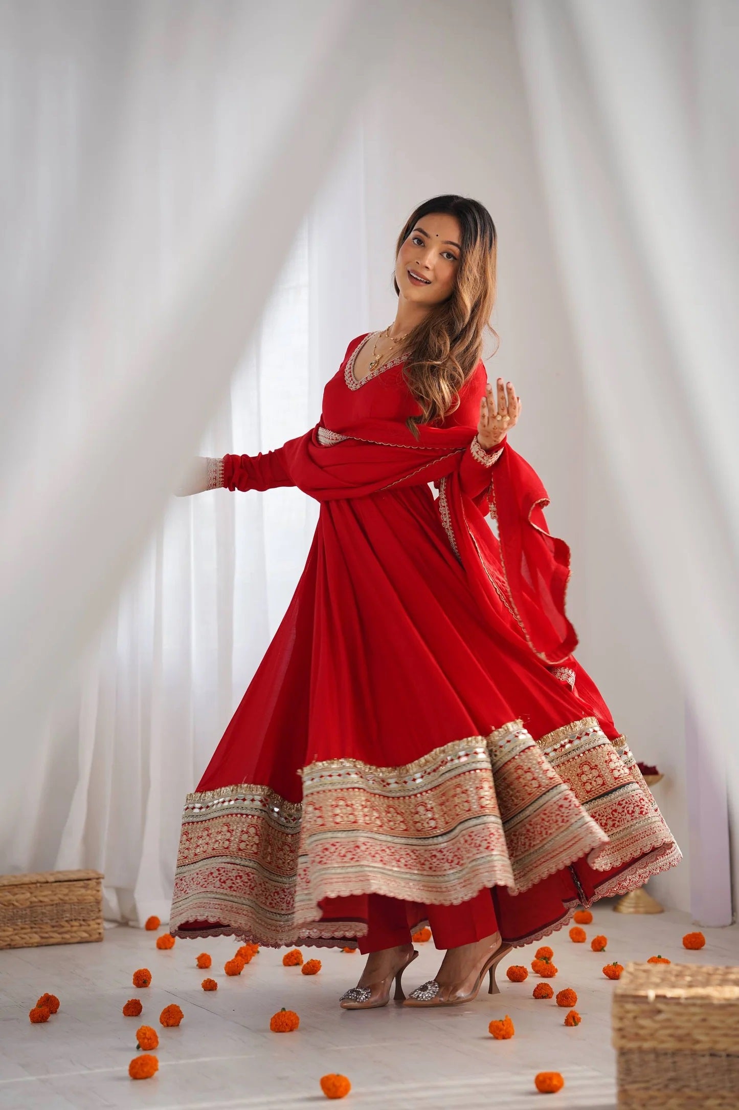 High End Premium Quality Pure Blooming Vichitra Silk Fabric Fully Flare Suit with Duppata