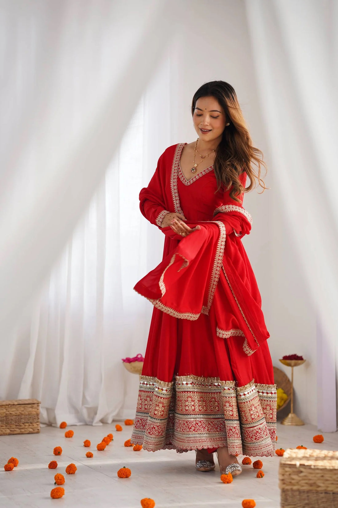 High End Premium Quality Pure Blooming Vichitra Silk Fabric Fully Flare Suit with Duppata