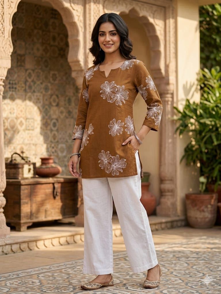 Autumn Bloom Floral Printed Cotton Short Kurti