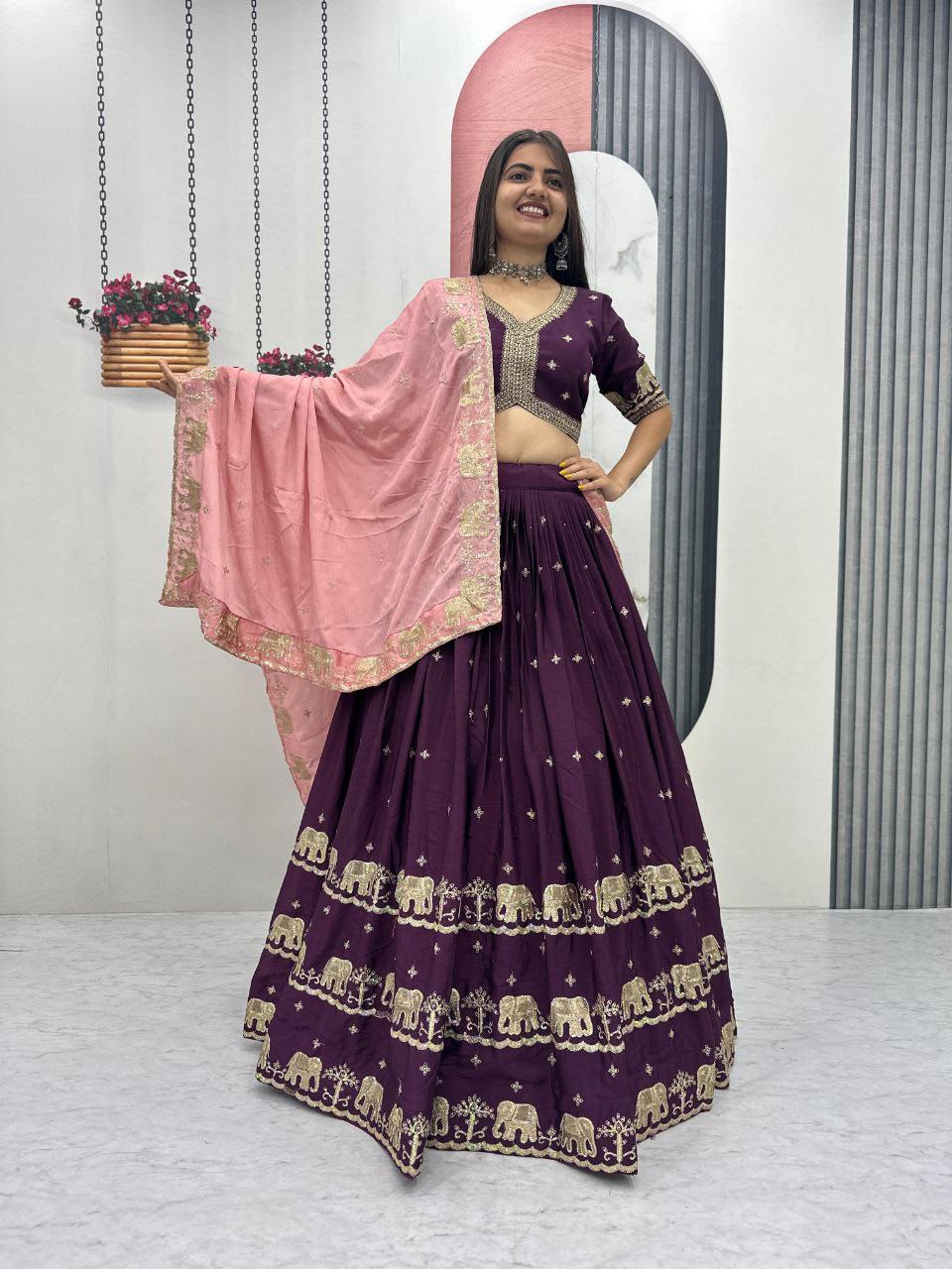 Royal Plum Embroidered Lehenga Set with Blush Pink Dupatta