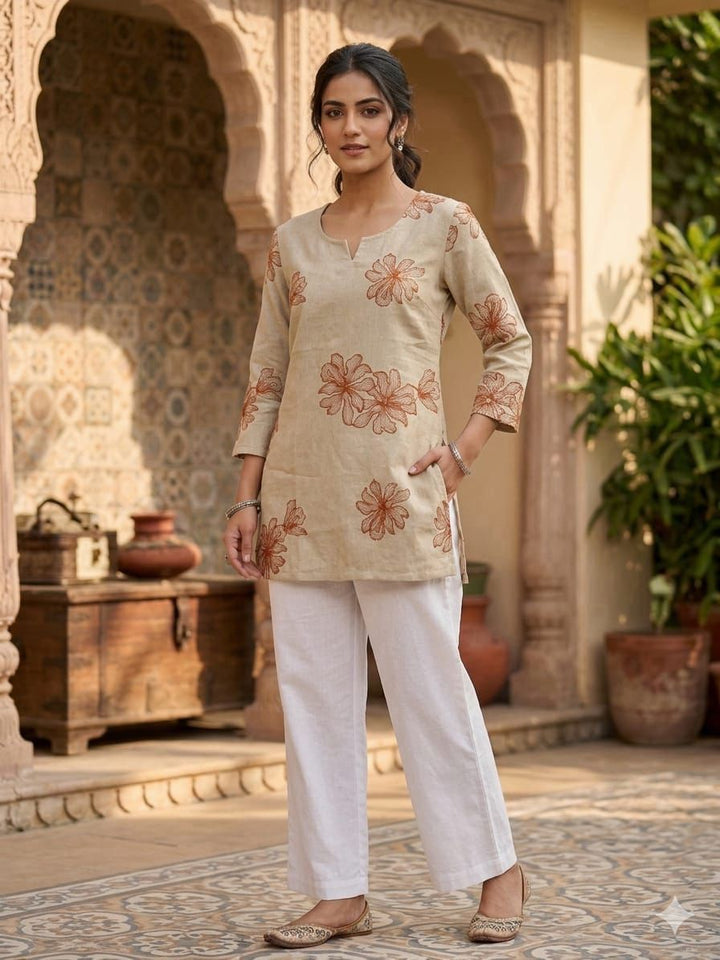 Sandstone Bloom Floral Printed Cotton Short Kurti