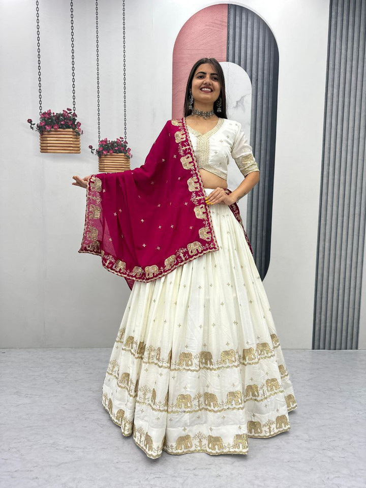 Ivory Heritage Embroidered Lehenga Set with Fuchsia Dupatta