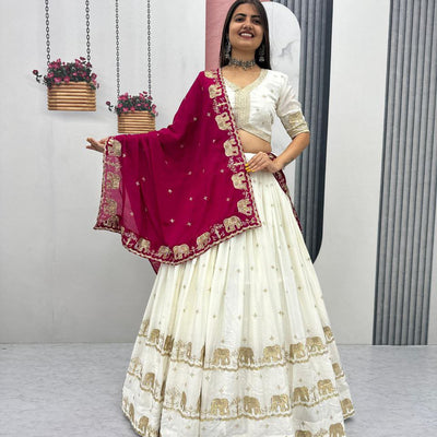 Ivory Heritage Embroidered Lehenga Set with Fuchsia Dupatta