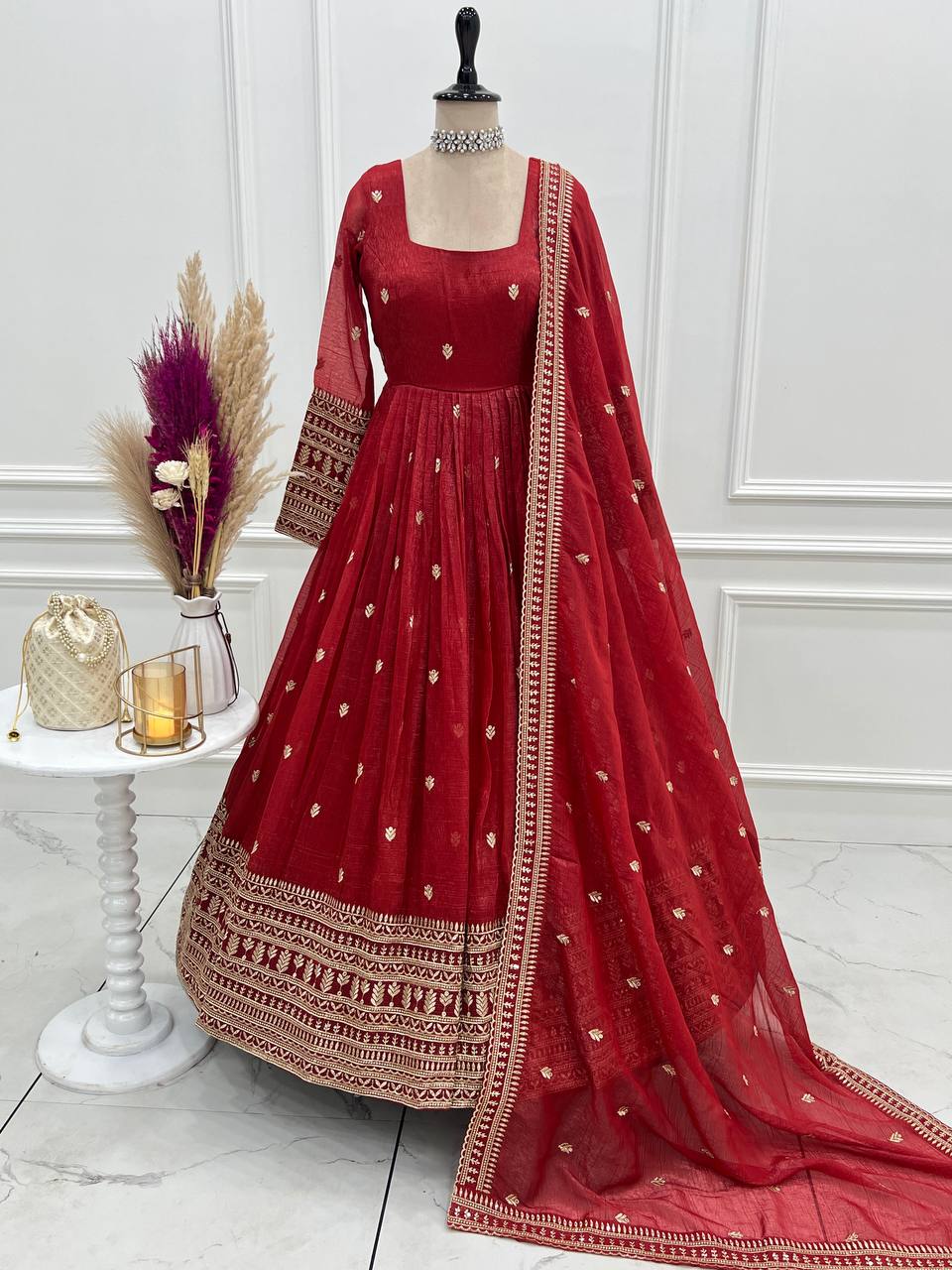 Designer Long Sleeves Crunchy Silk Anarkali Gown With Dupatta