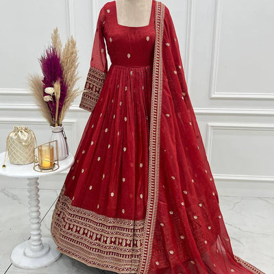 Designer Long Sleeves Crunchy Silk Anarkali Gown With Dupatta