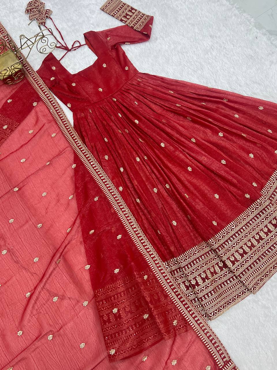 Designer Long Sleeves Crunchy Silk Anarkali Gown With Dupatta