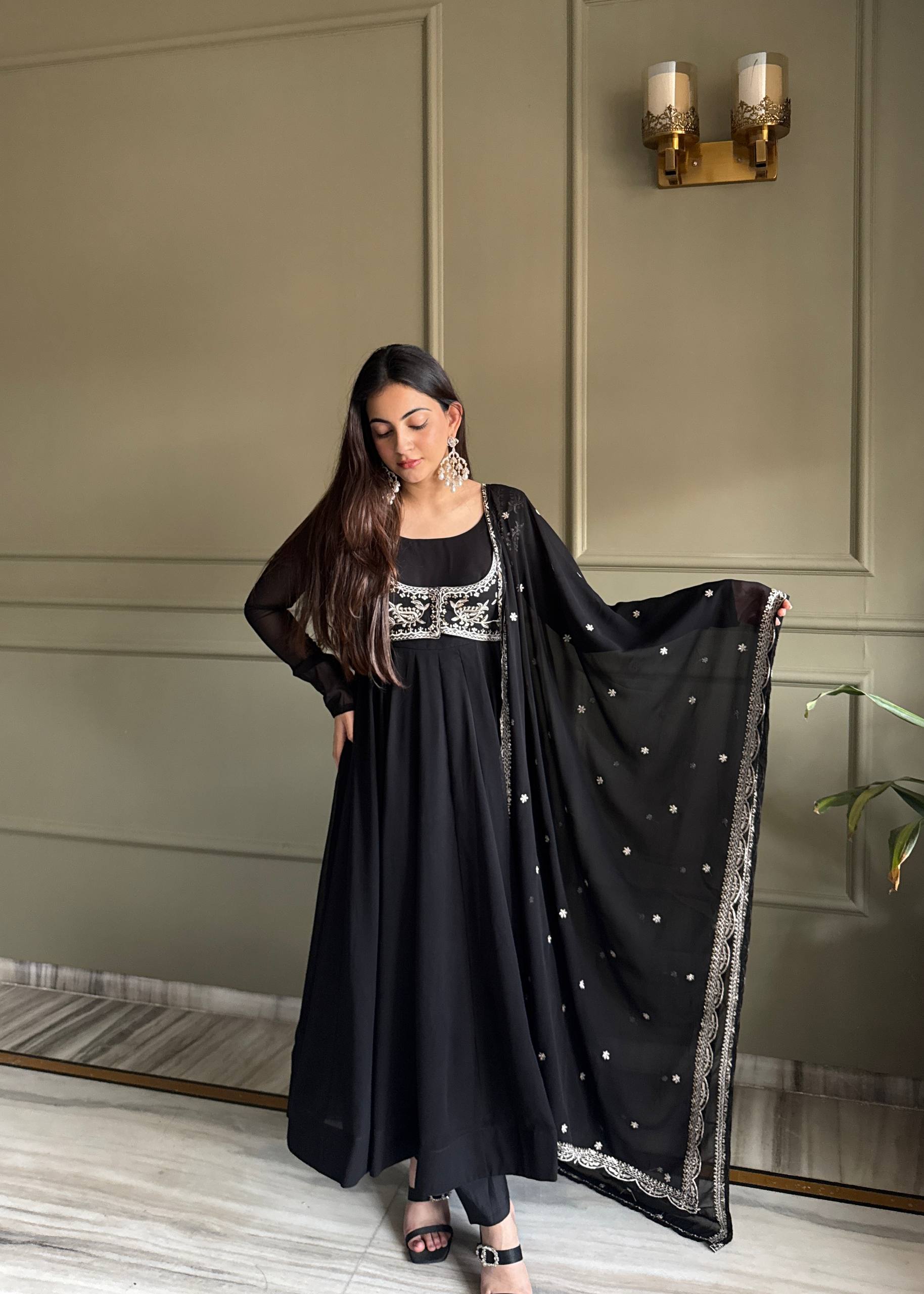 TRENDING BLACK ANARKALI SUIT WITH KOTI STYLE FULL SLEEVE