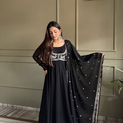 TRENDING BLACK ANARKALI SUIT WITH KOTI STYLE FULL SLEEVE