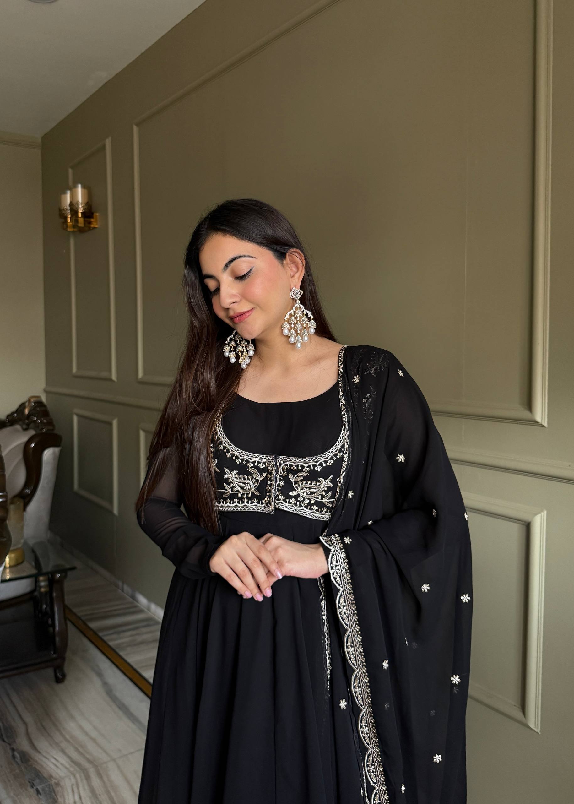 TRENDING BLACK ANARKALI SUIT WITH KOTI STYLE FULL SLEEVE