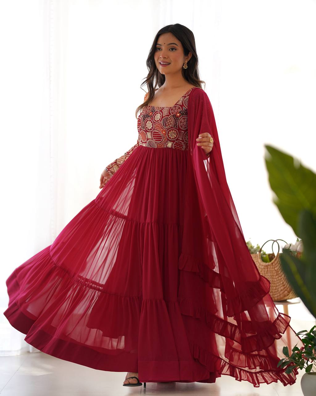 Fabulous Maroon Embroidered Georgette Festive Wear Gown With Dupatta