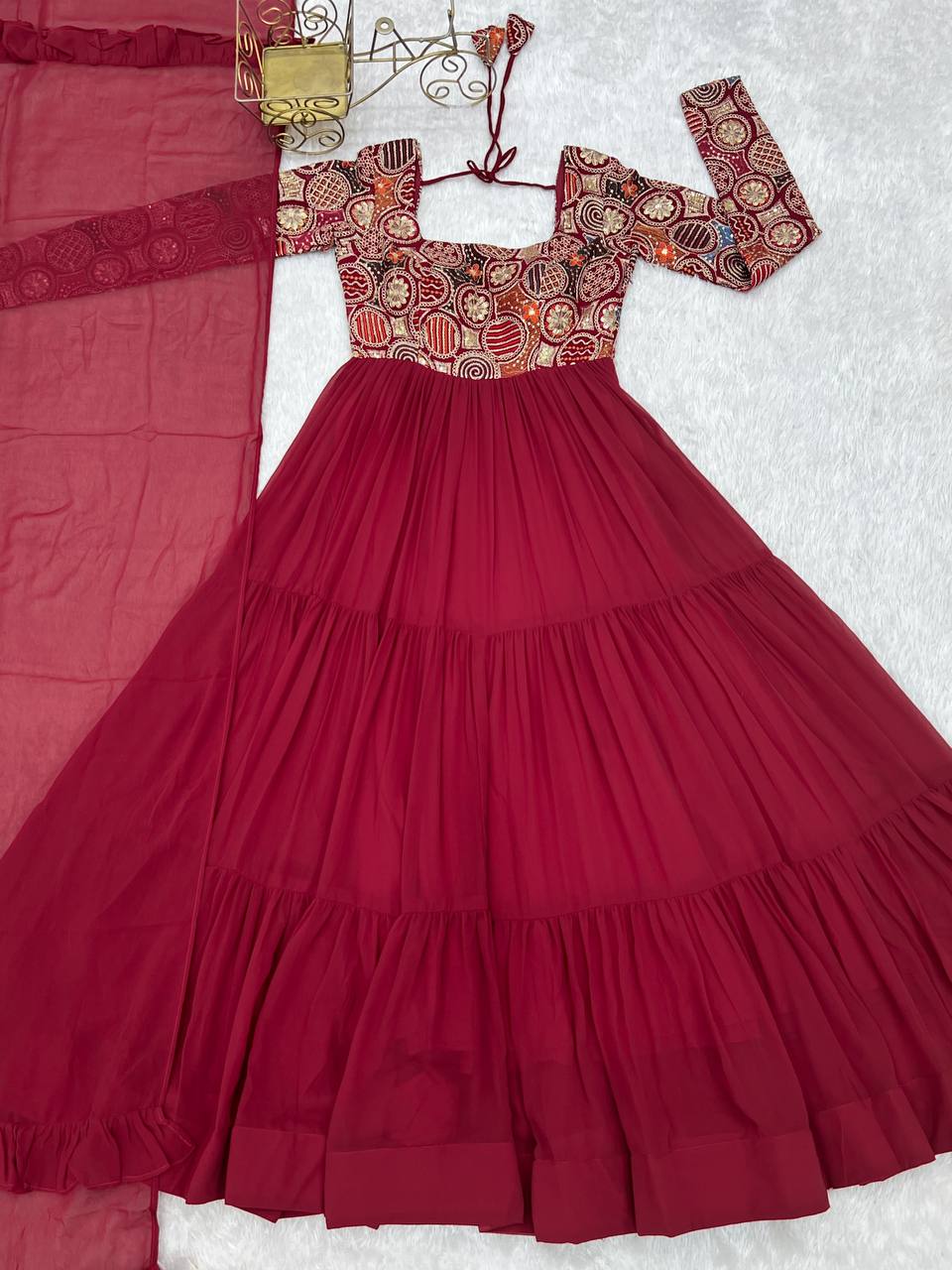 Fabulous Maroon Embroidered Georgette Festive Wear Gown With Dupatta