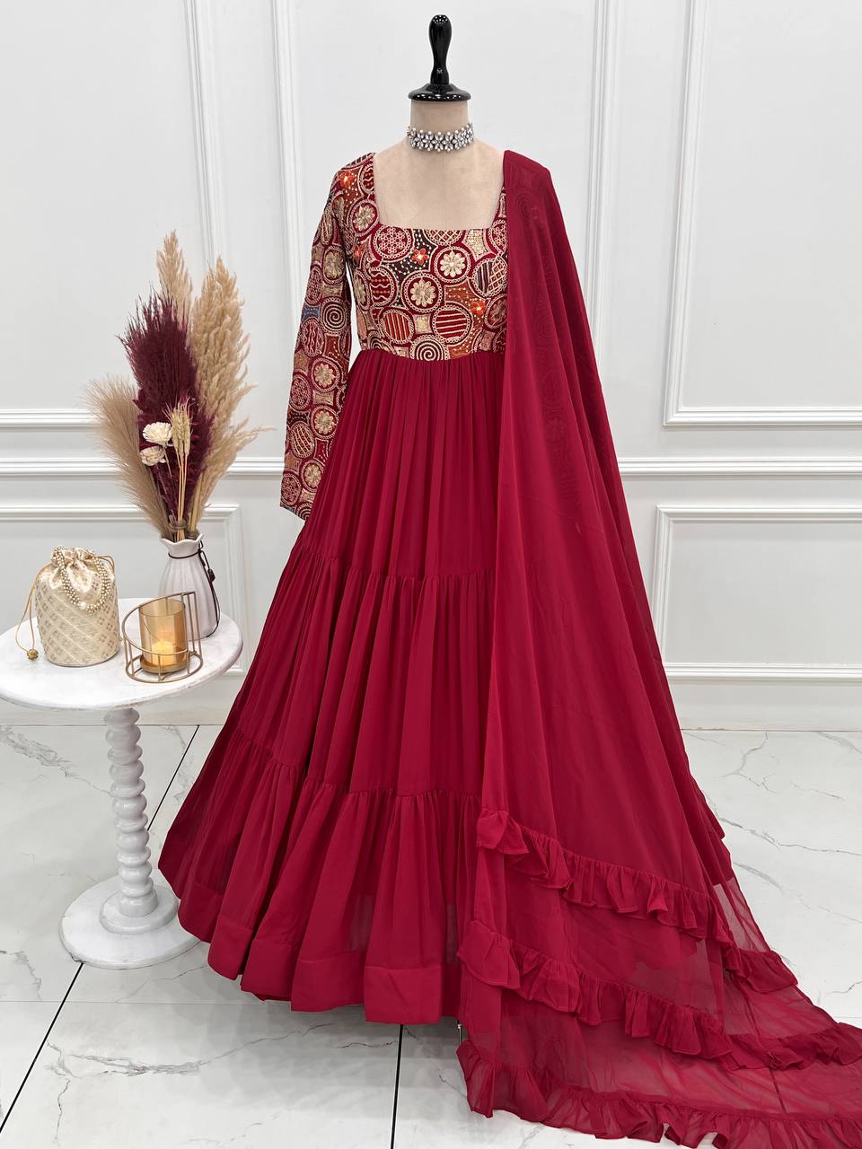 Fabulous Maroon Embroidered Georgette Festive Wear Gown With Dupatta