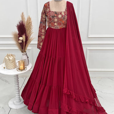 Fabulous Maroon Embroidered Georgette Festive Wear Gown With Dupatta