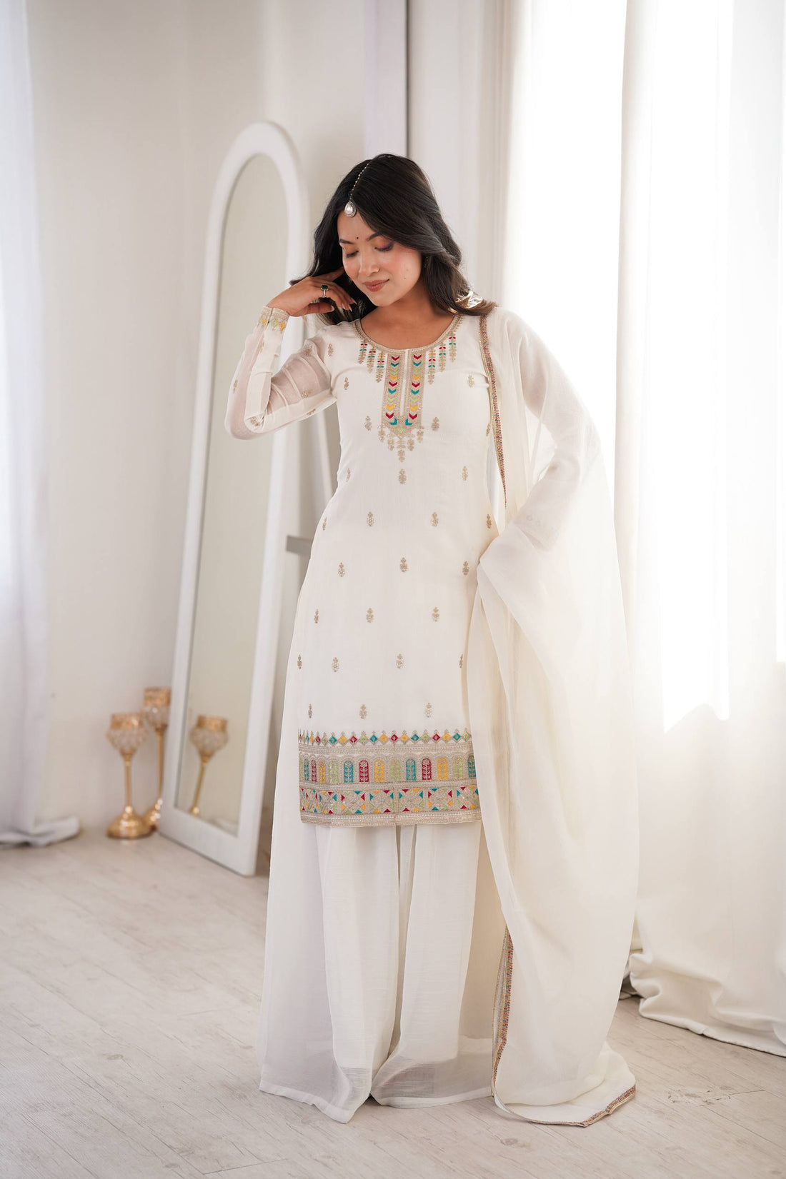 blue pure soft crunchy silk embroidered sharara suit set