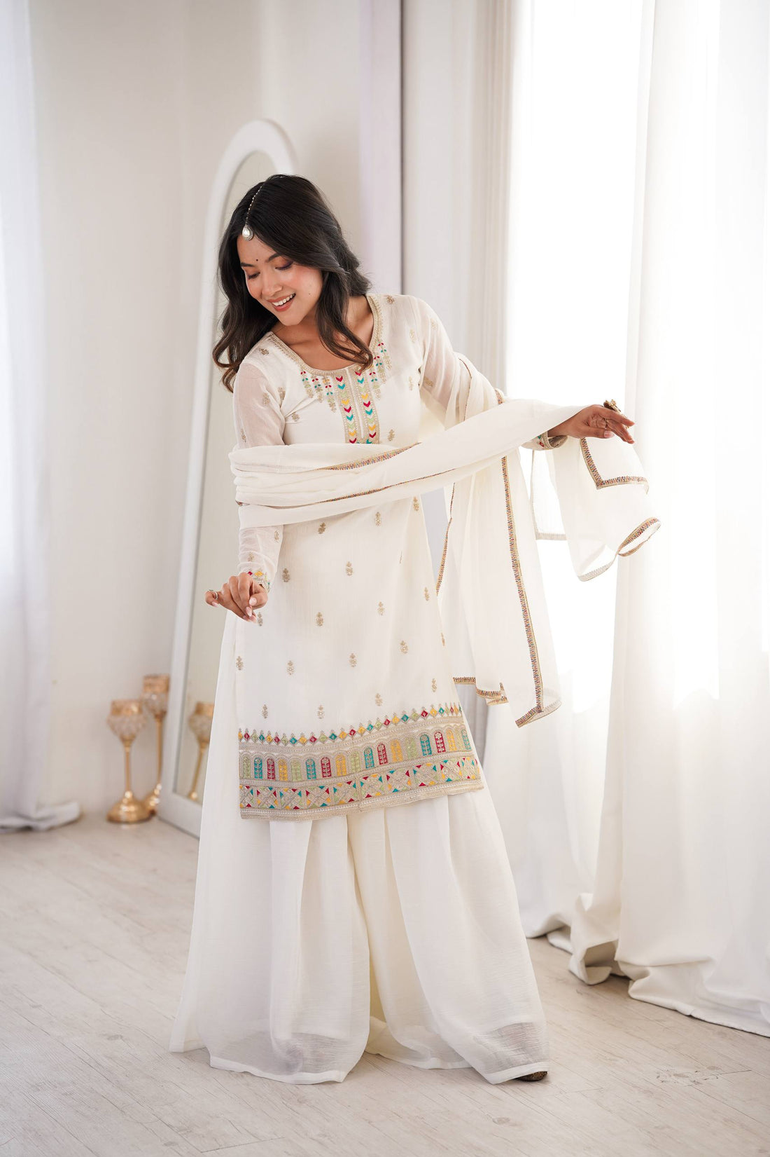 blue pure soft crunchy silk embroidered sharara suit set