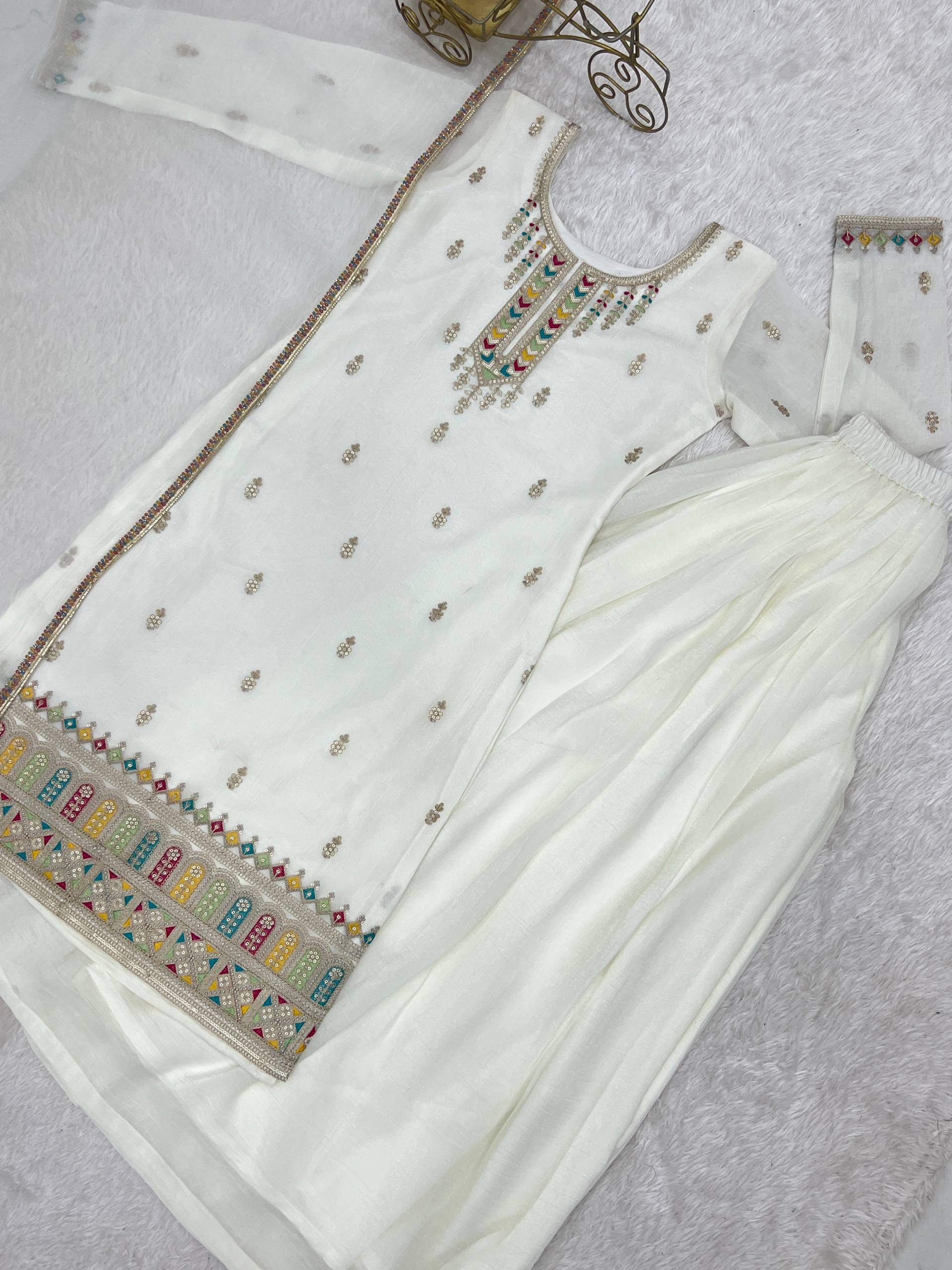 blue pure soft crunchy silk embroidered sharara suit set
