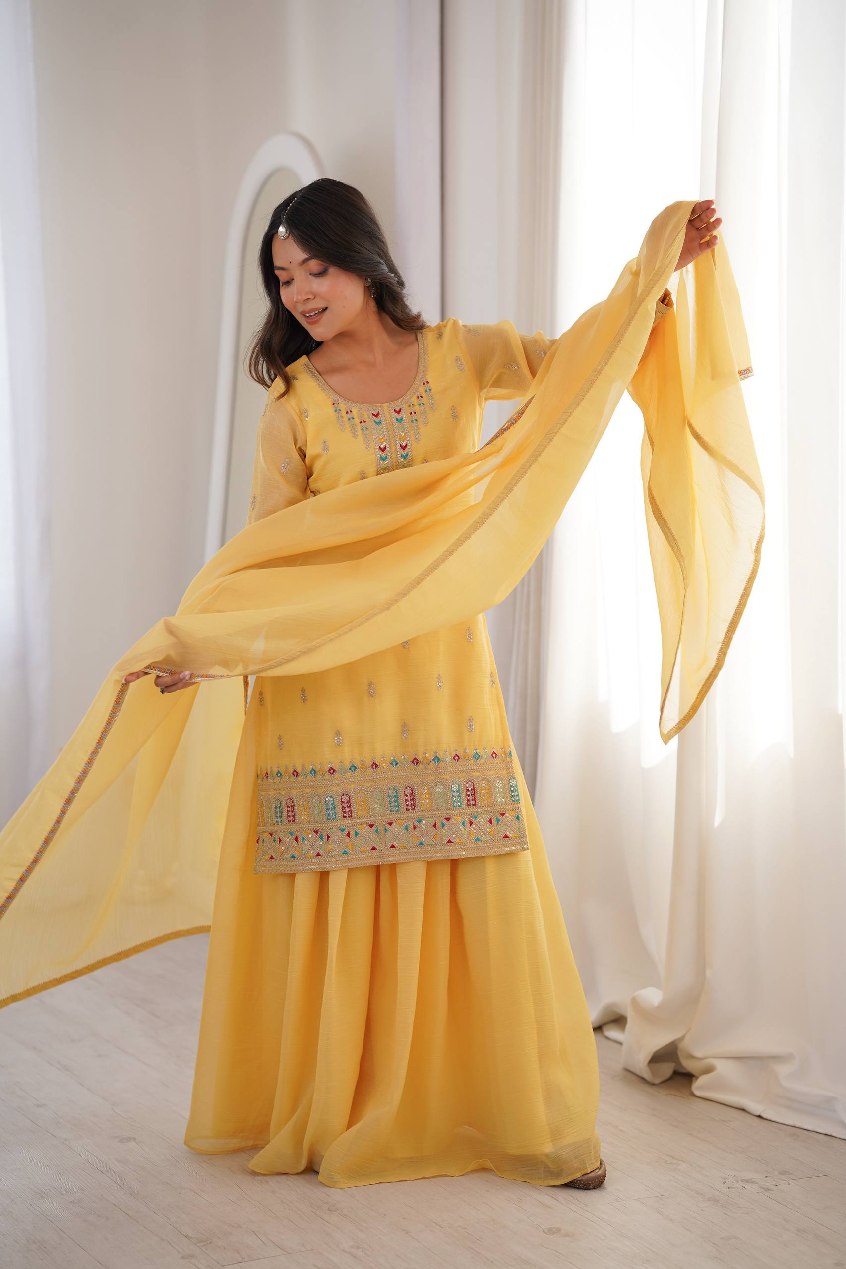 blue pure soft crunchy silk embroidered sharara suit set