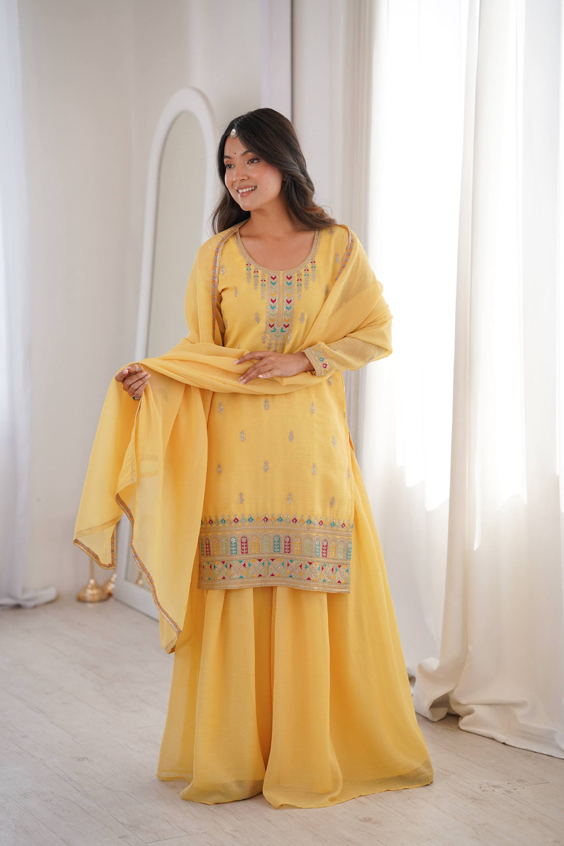 blue pure soft crunchy silk embroidered sharara suit set