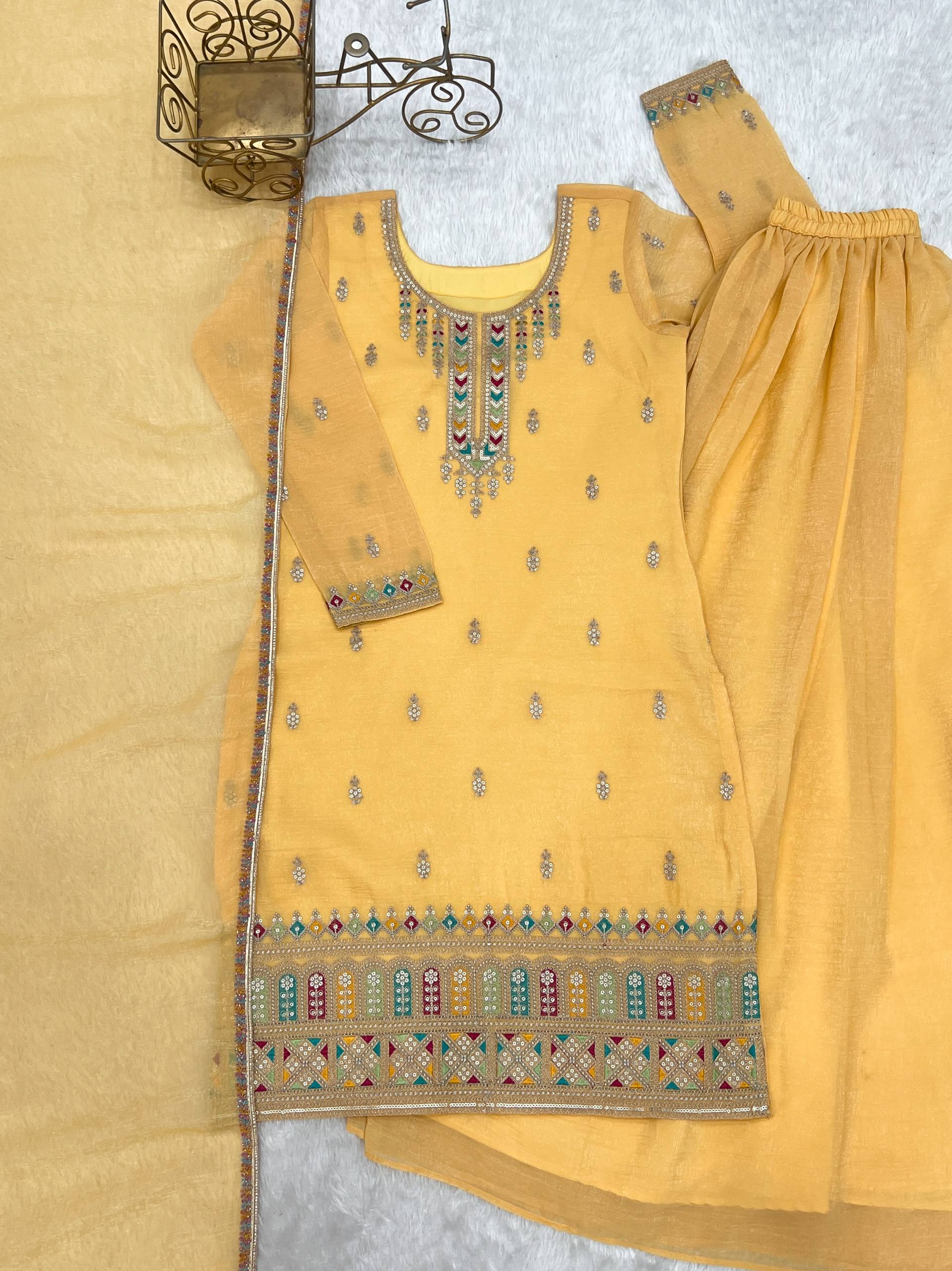 blue pure soft crunchy silk embroidered sharara suit set