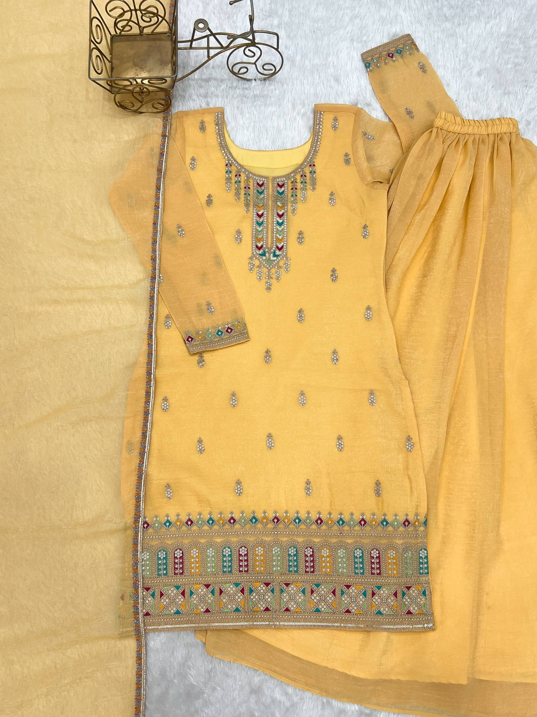 blue pure soft crunchy silk embroidered sharara suit set