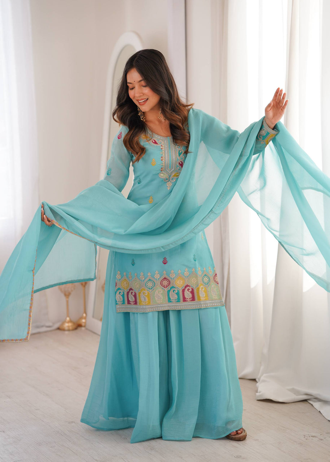 blue pure soft crunchy silk embroidered sharara suit set