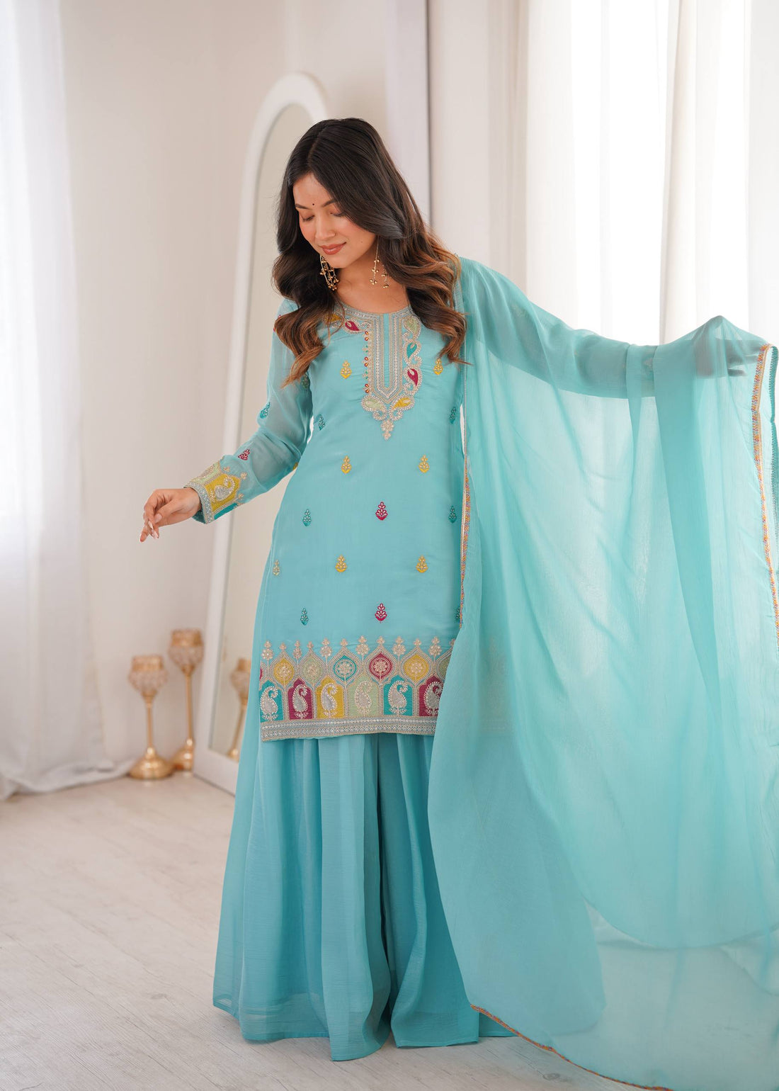blue pure soft crunchy silk embroidered sharara suit set