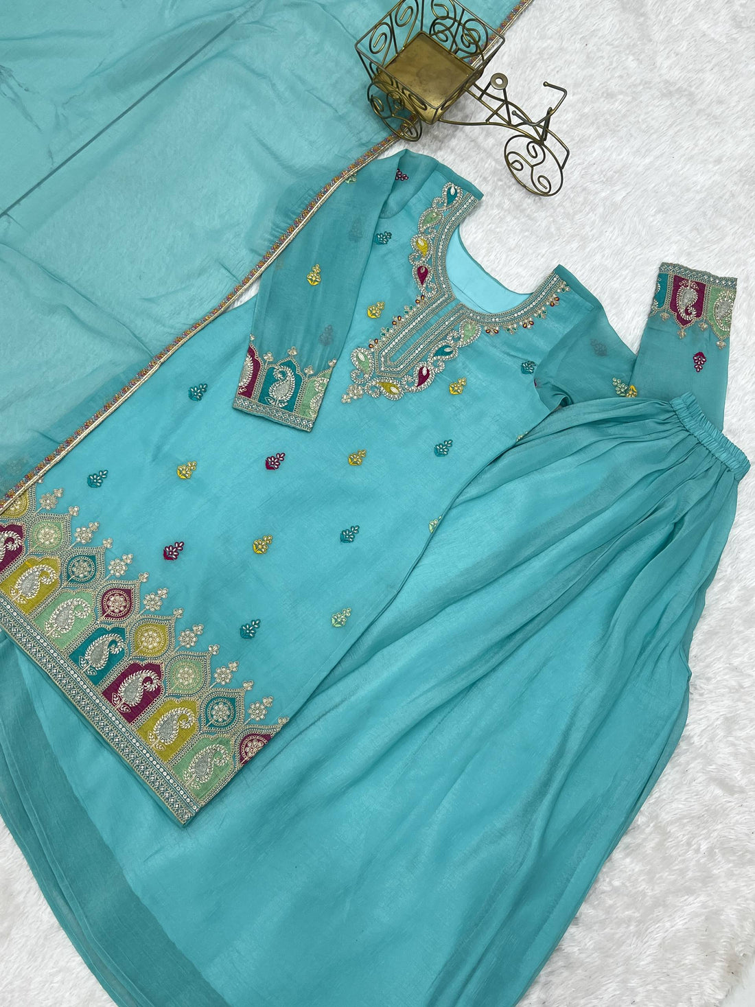 blue pure soft crunchy silk embroidered sharara suit set