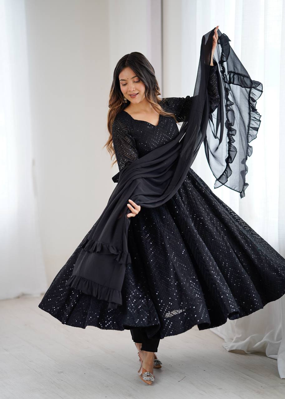 Faux Georgette Anarkali Suit with Lucknowi Work, Sequins and Thread Work