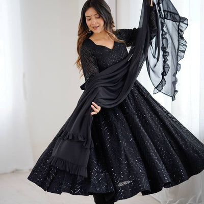 Faux Georgette Anarkali Suit with Lucknowi Work, Sequins and Thread Work