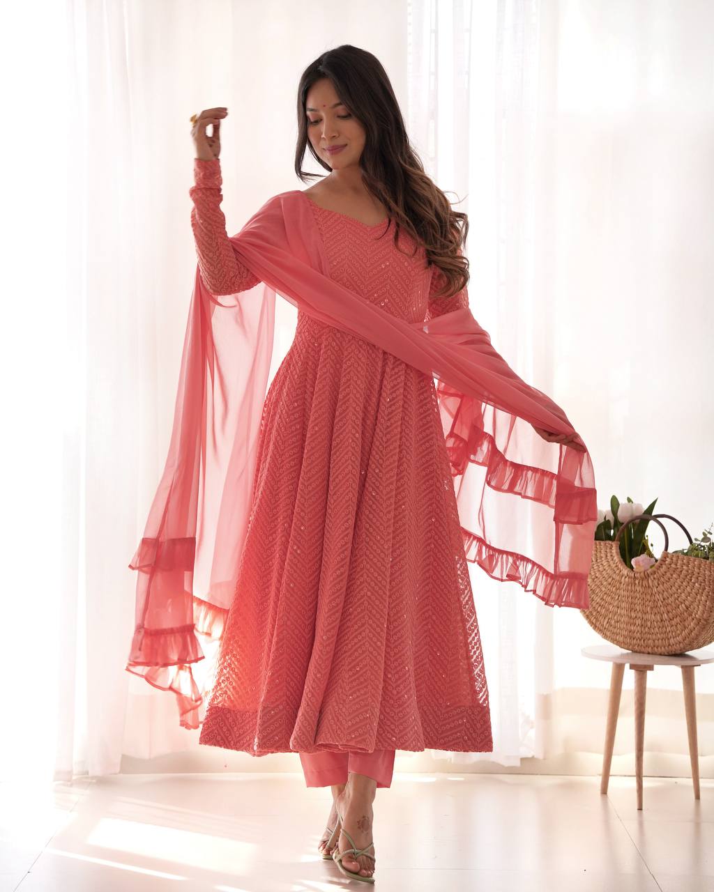 Faux Georgette Anarkali Suit with Lucknowi Work, Sequins and Thread Work