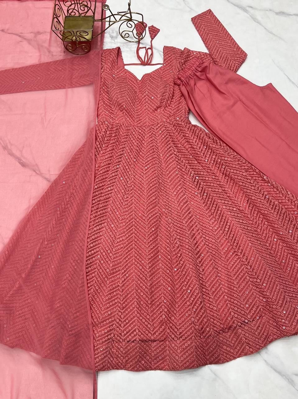 Faux Georgette Anarkali Suit with Lucknowi Work, Sequins and Thread Work