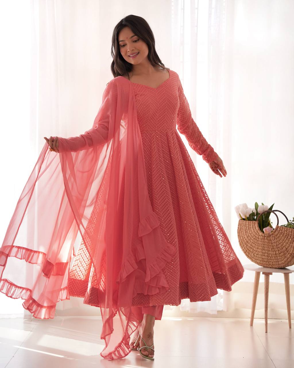 Faux Georgette Anarkali Suit with Lucknowi Work, Sequins and Thread Work