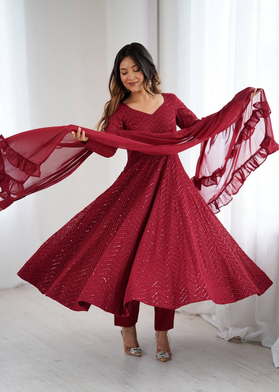Faux Georgette Anarkali Suit with Lucknowi Work, Sequins and Thread Work