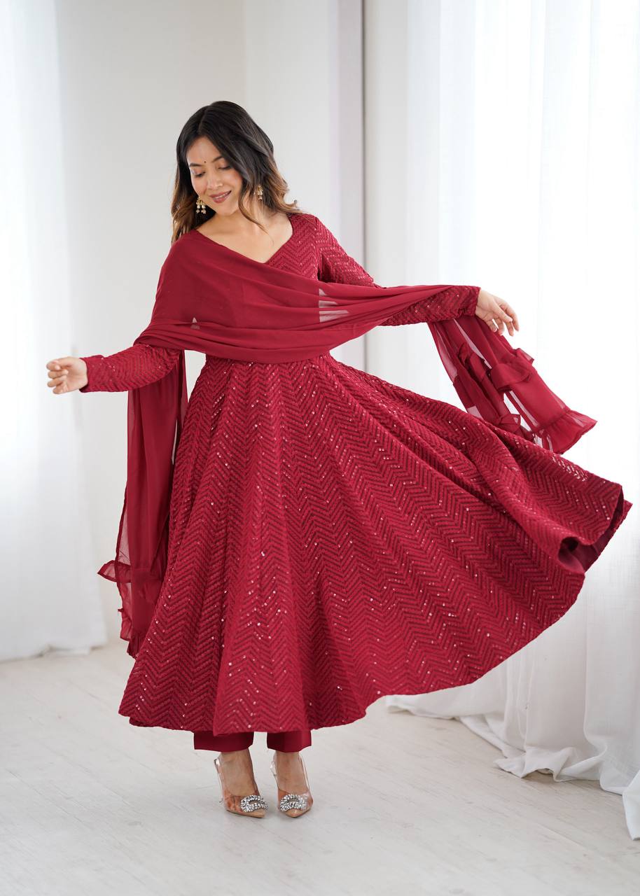 Faux Georgette Anarkali Suit with Lucknowi Work, Sequins and Thread Work