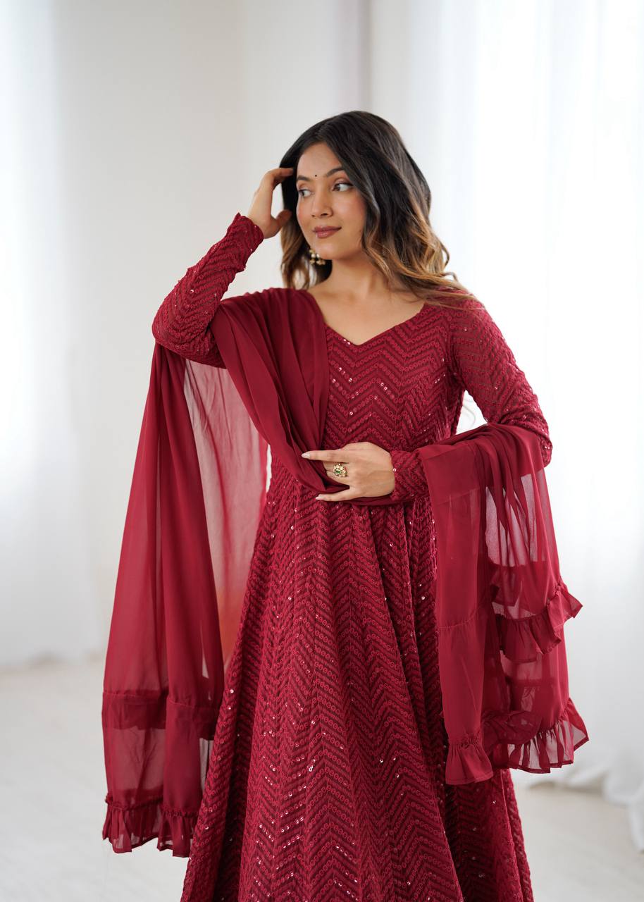 Faux Georgette Anarkali Suit with Lucknowi Work, Sequins and Thread Work