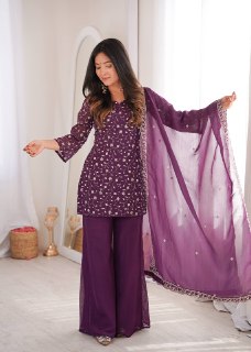 VIRAL WINE EMBRODARY SHORT KURTI WITH BOOTCUT PLAZZO SUIT