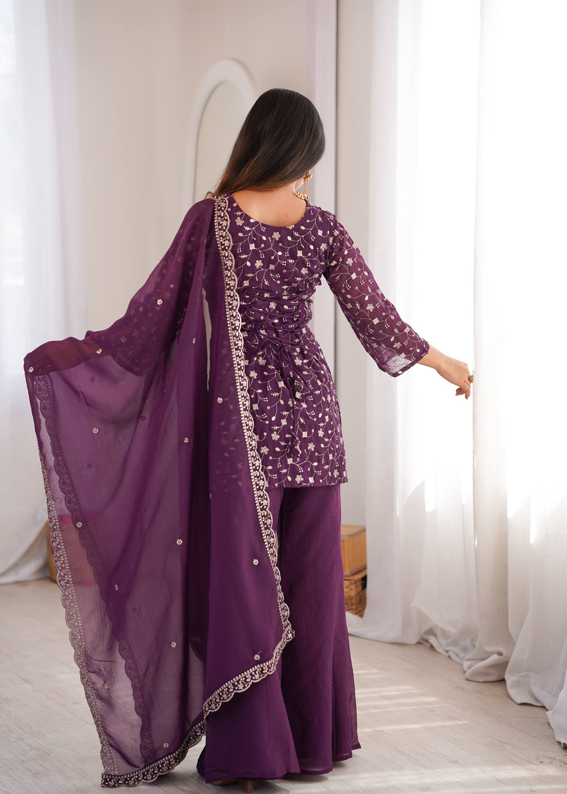 VIRAL WINE EMBRODARY SHORT KURTI WITH BOOTCUT PLAZZO SUIT