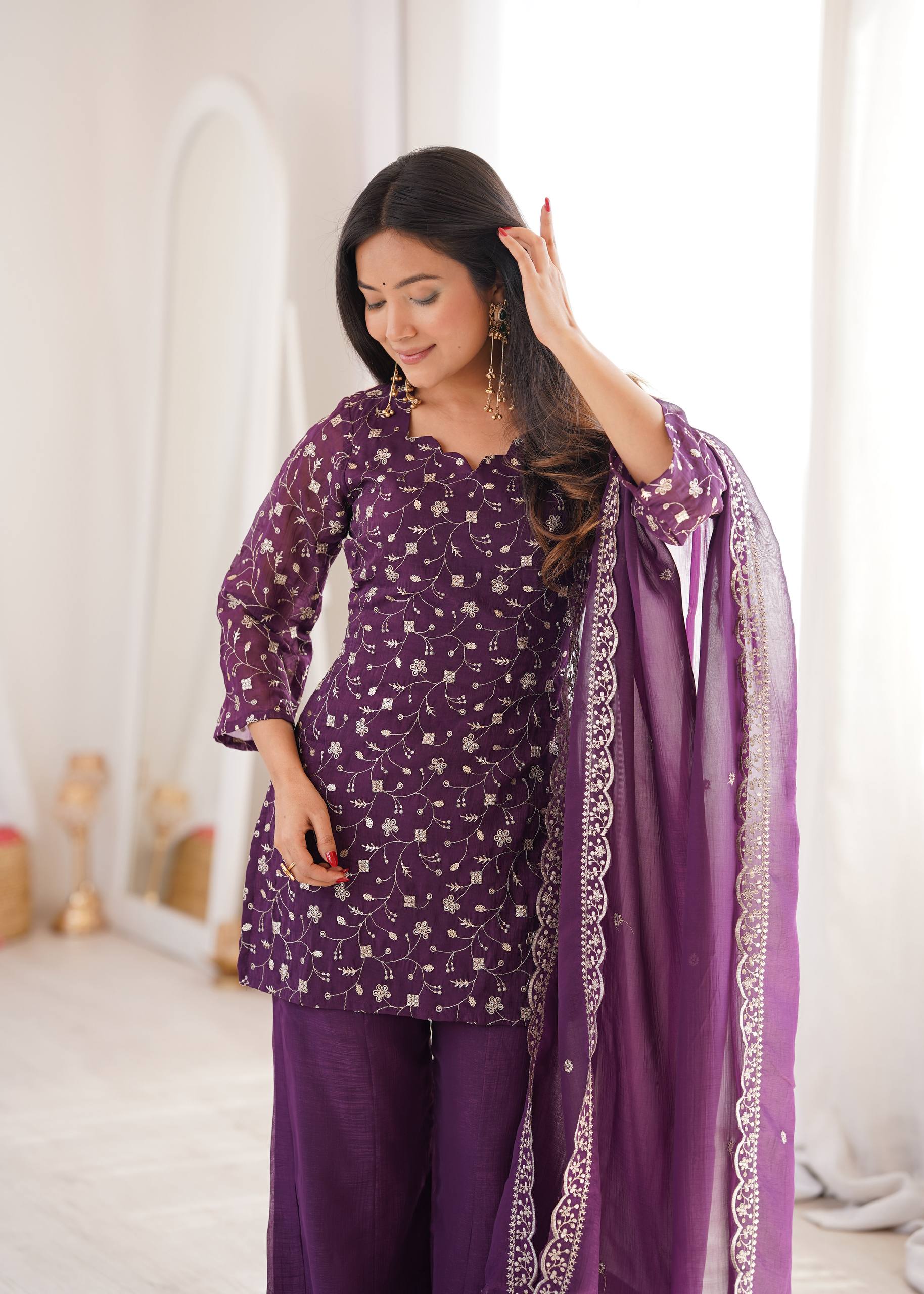 VIRAL WINE EMBRODARY SHORT KURTI WITH BOOTCUT PLAZZO SUIT