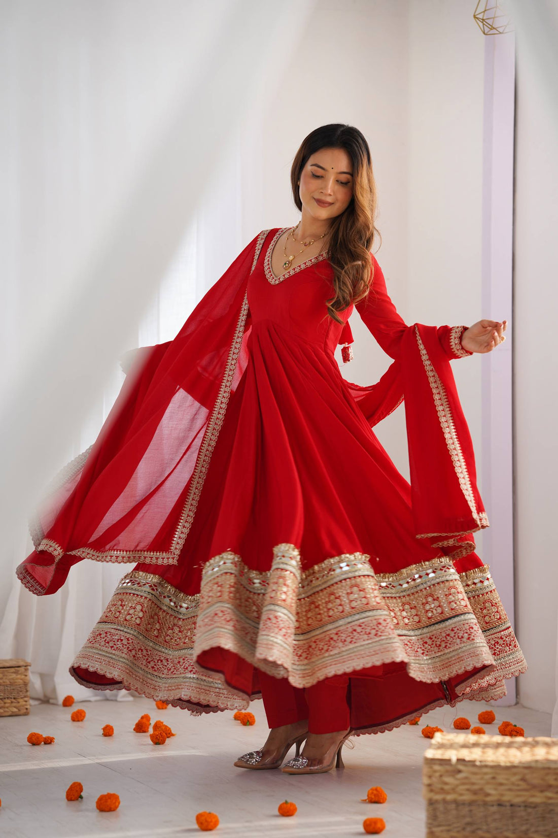High End Premium Quality Pure Blooming Vichitra Silk Fabric Fully Flare Suit with Duppata