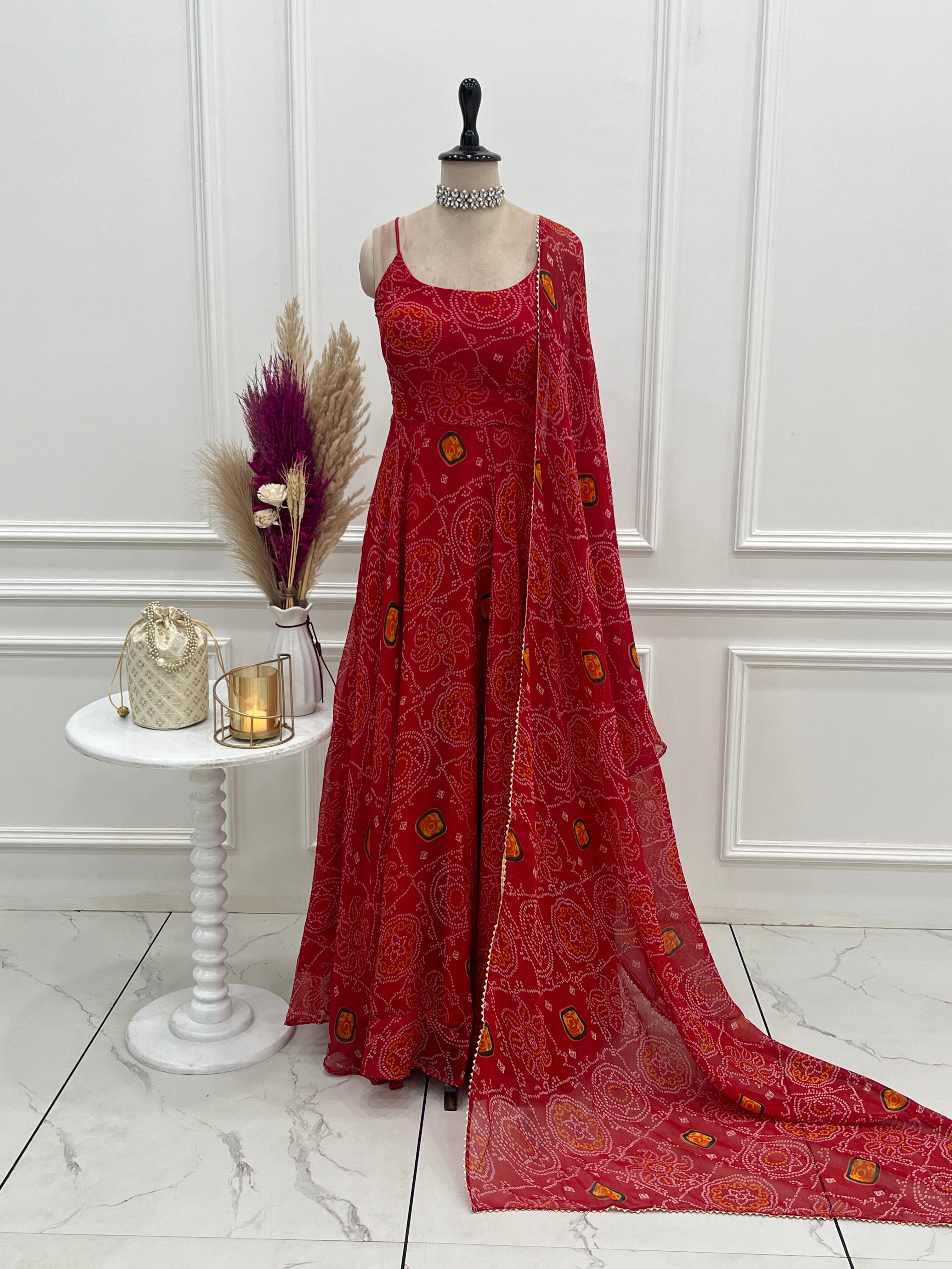 Bandhani Printed Chiffon Anarkali Gown With Dupatta Stitched
