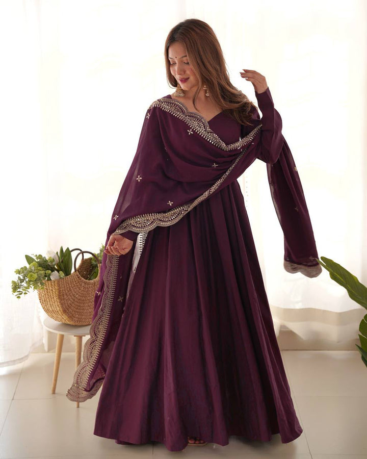 Royal Wine Roman Silk Anarkali Suit Set