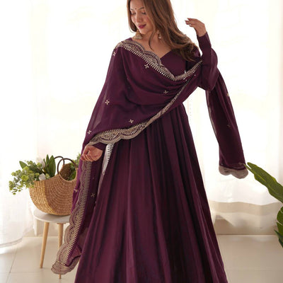 Royal Wine Roman Silk Anarkali Suit Set