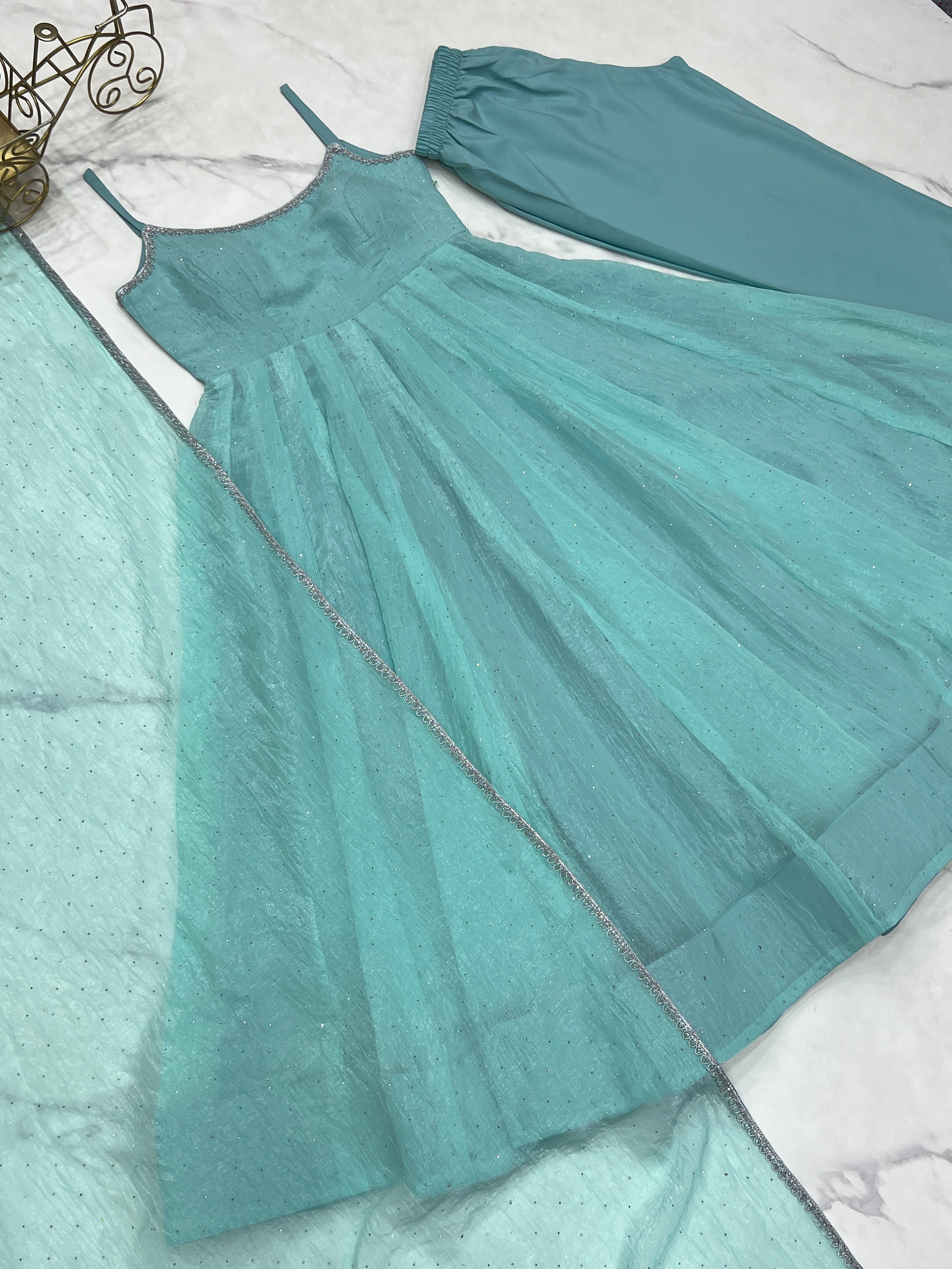 Sky Blue Crunchy Silk Sirozski Embroidered Anarkali Suit with Dupatta